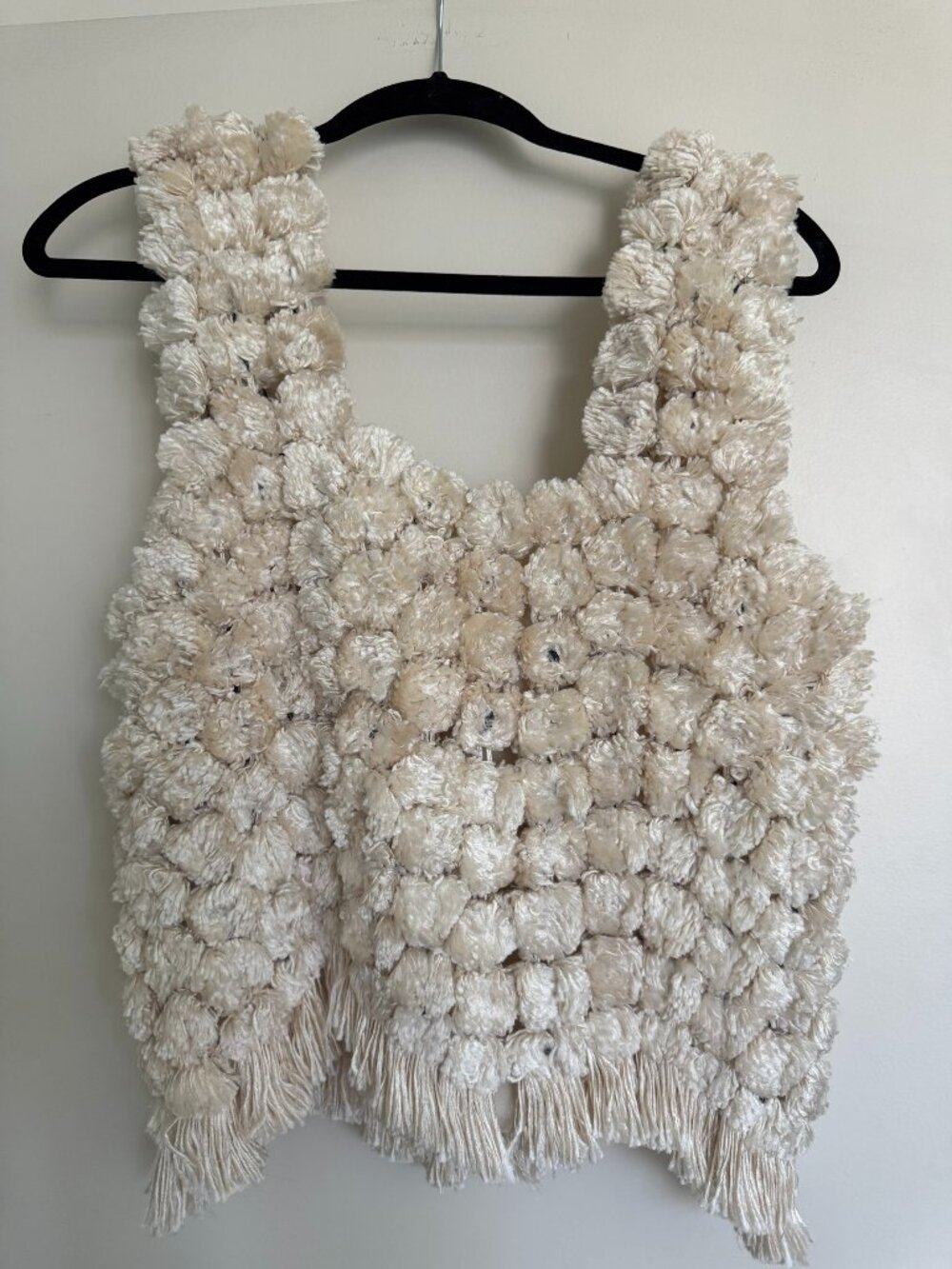 The Row 100% Silk Pom Pom Tufted Fringe Top Ivory Square Neck Silk Lined Size S